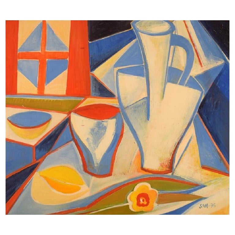 Scandinavian Modernist, Oil on Canvas, Cubist Still Life, Dated 1975 For Sale