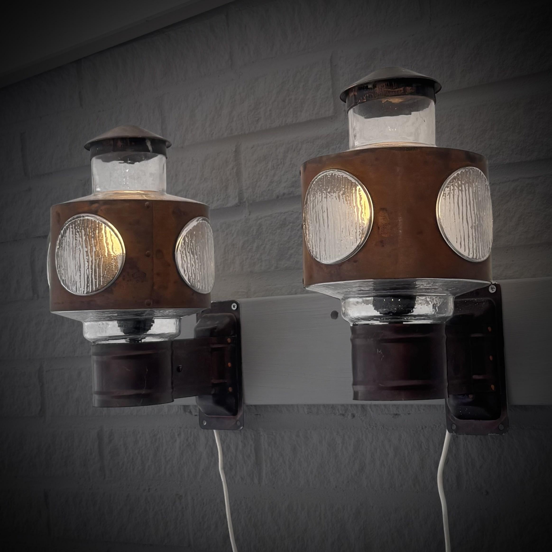 Mid-Century Modern Scandinavian modernist outdoor facade lamps, copper & glass, Sweden, 1960s
