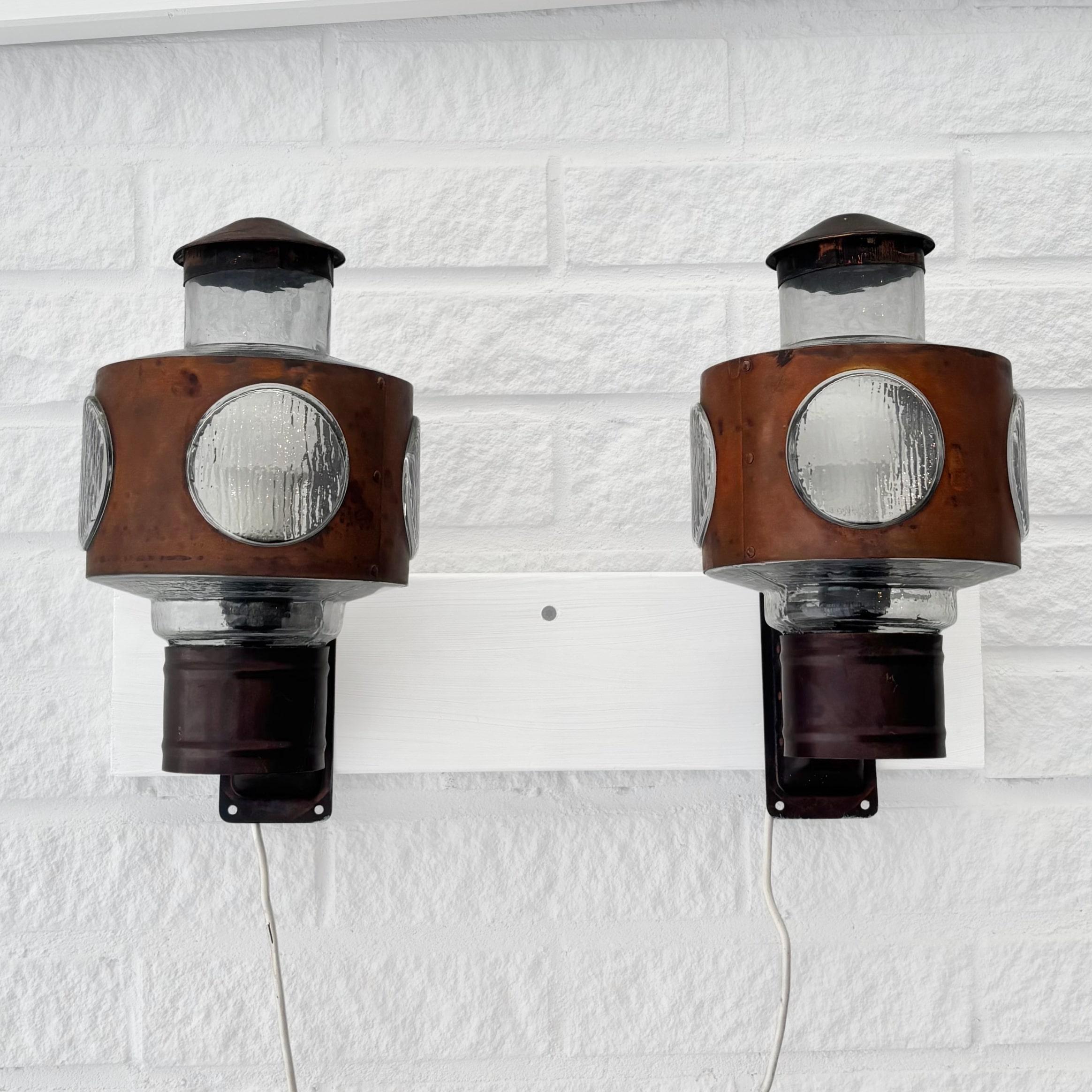 Swedish Scandinavian modernist outdoor facade lamps, copper & glass, Sweden, 1960s