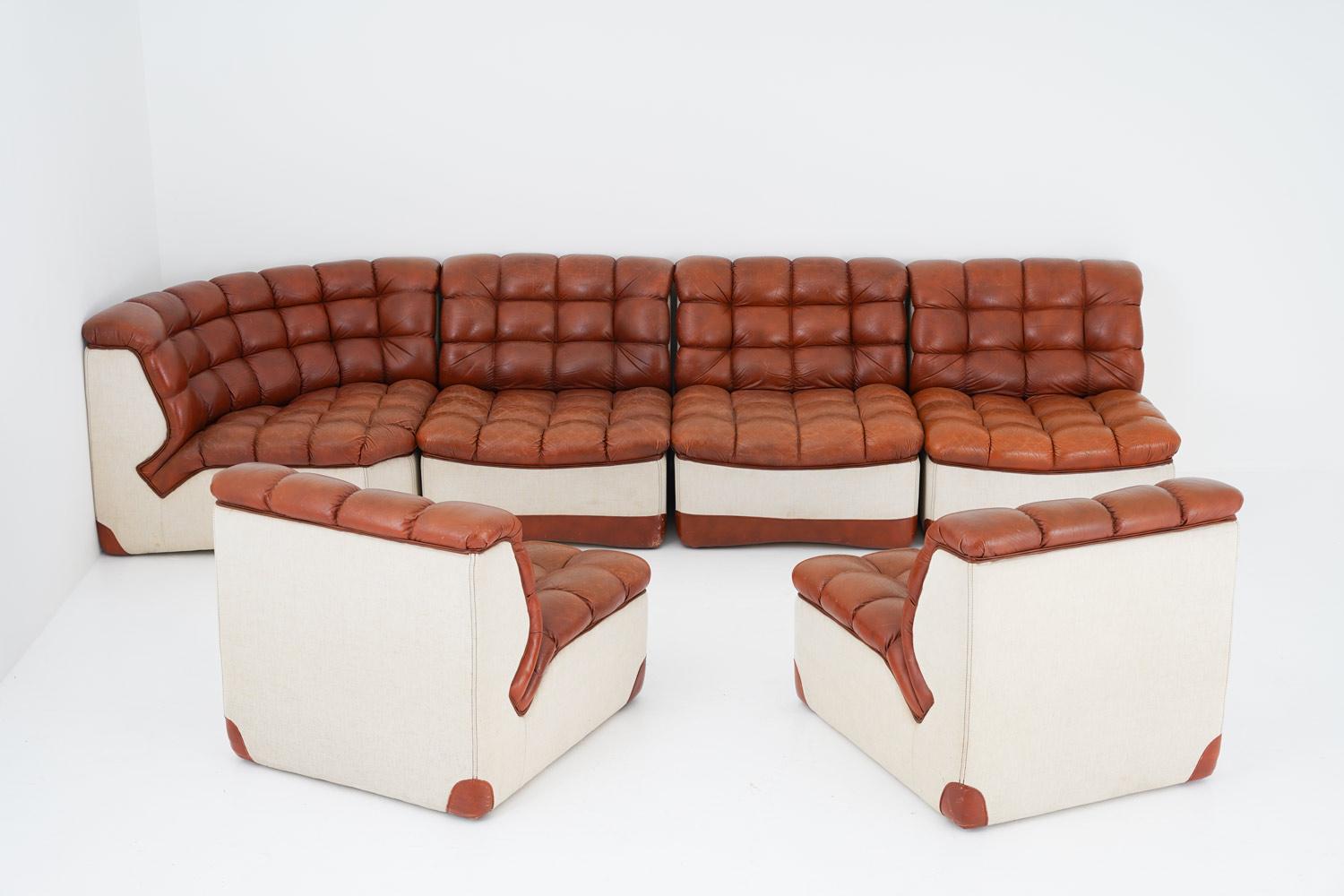 Mid-Century Modern Scandinavian Modular Leather and Canvas Sofa by Overman For Sale