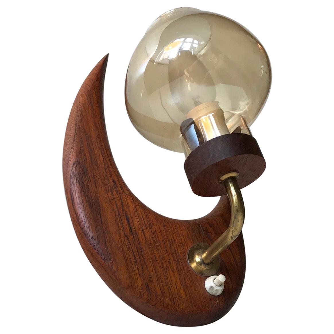 Scandinavian Moon Wall Sconce in Teak and Smoke Glass, 1960s