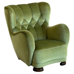 Scandinavian Mordern, Green Velvet Wingback Lounge Chair, 1940s