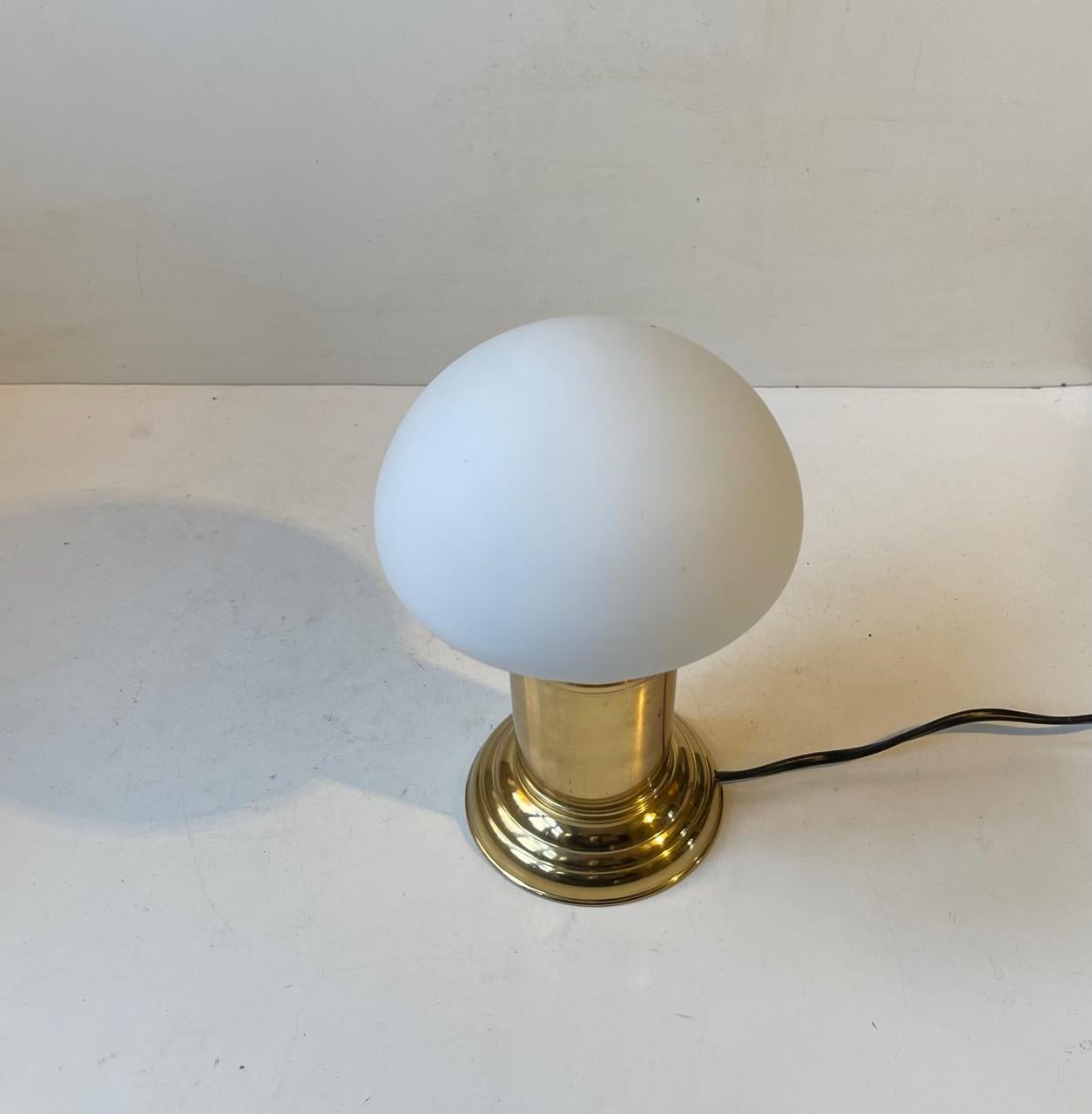 Scandinavian Modern Scandinavian Mushroom Table Lamp in Brass and White Glass, 1970s For Sale
