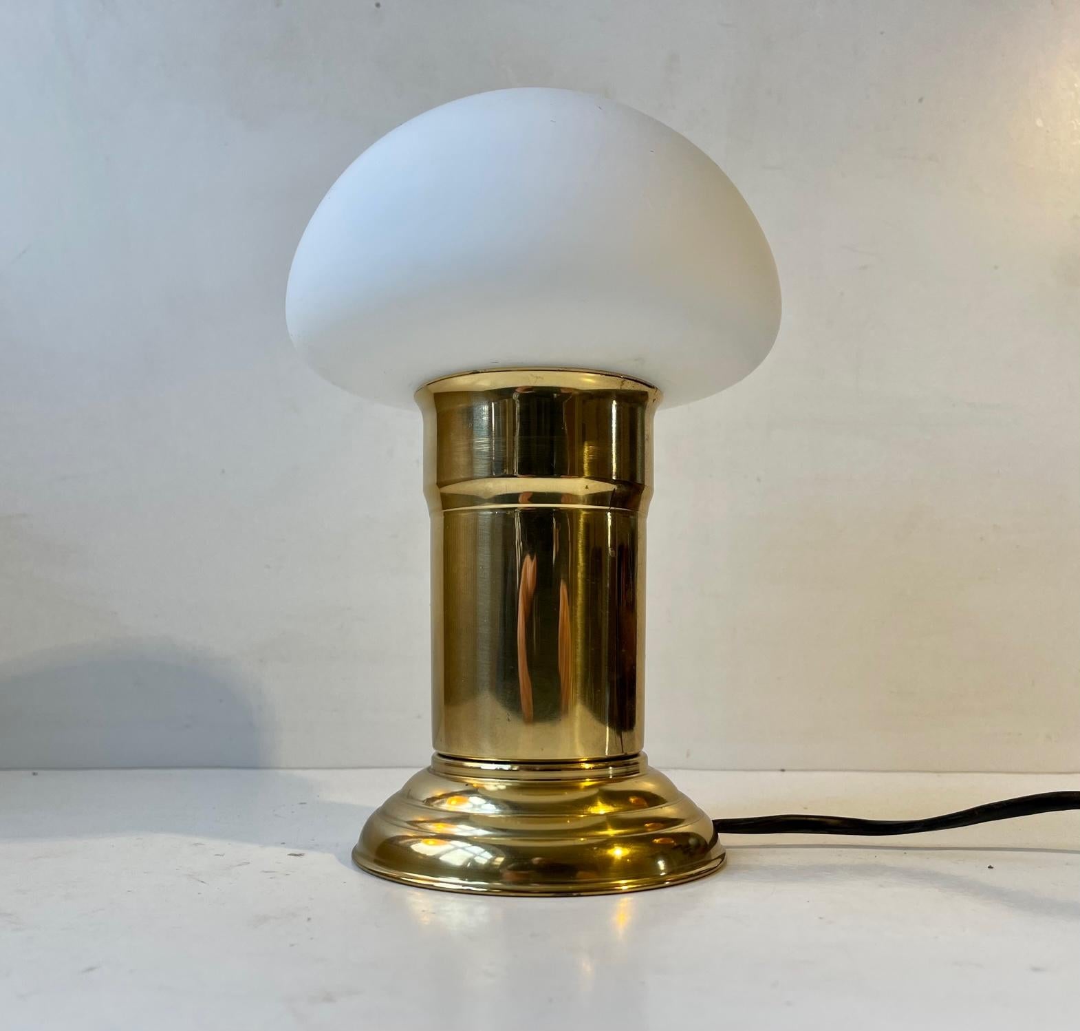 Scandinavian Mushroom Table Lamp in Brass and White Glass, 1970s For Sale 1