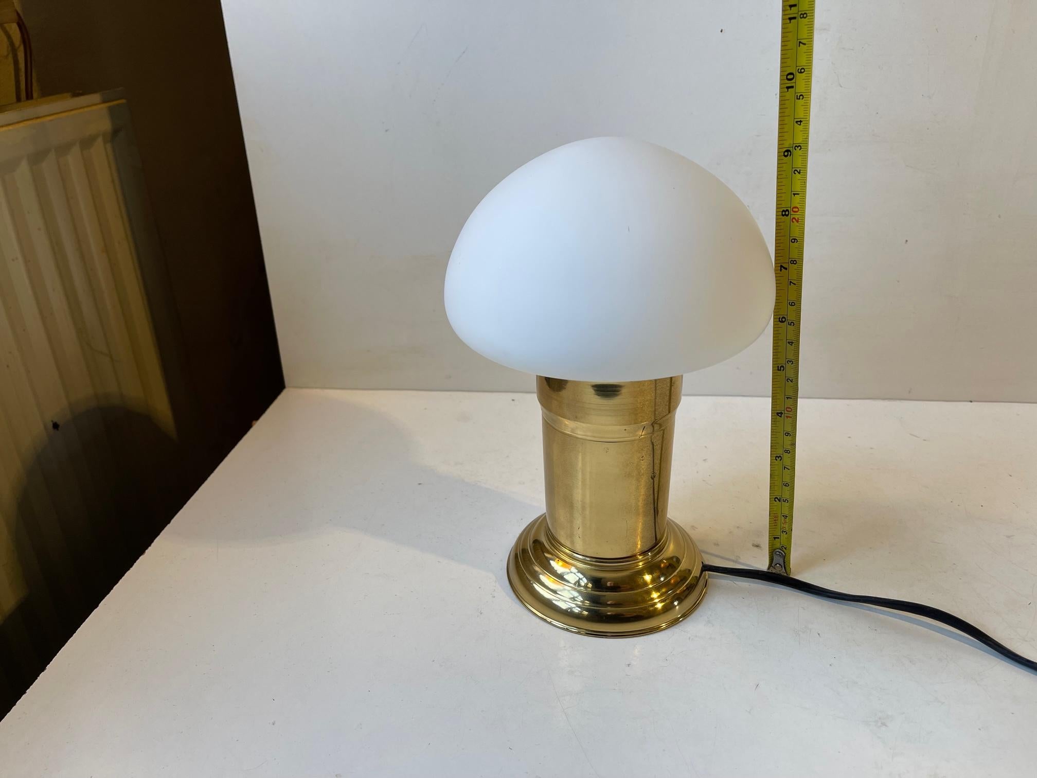 Scandinavian Mushroom Table Lamp in Brass and White Glass, 1970s For Sale 3