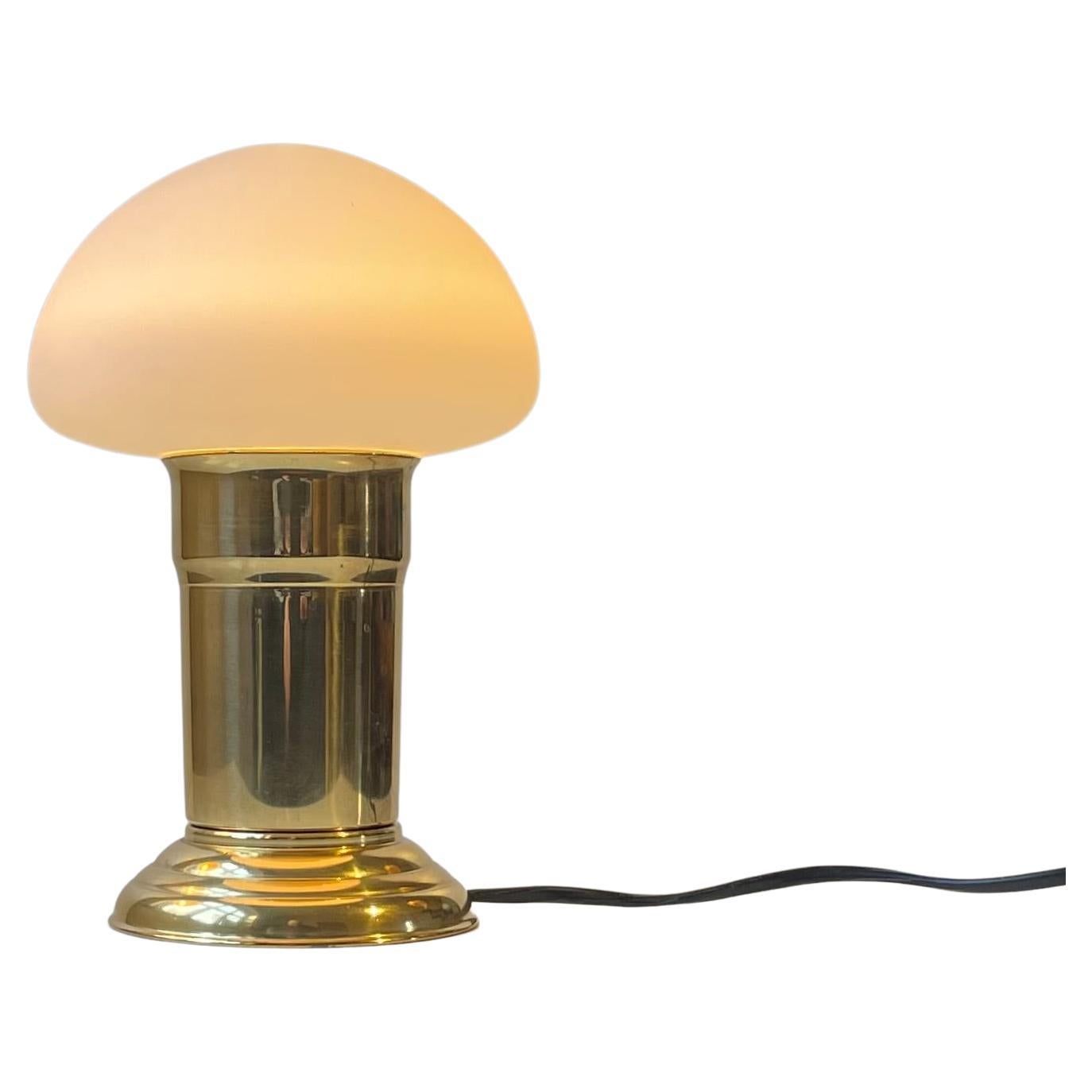 Scandinavian Mushroom Table Lamp in Brass and White Glass, 1970s For Sale