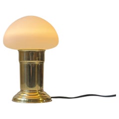 Scandinavian Mushroom Table Lamp in Brass and White Glass, 1970s