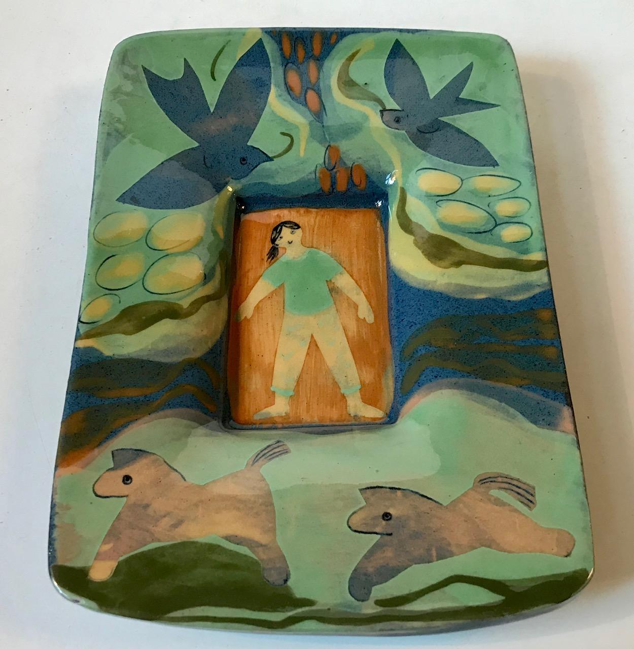 Scandinavian 'Naive Dreamscape' Pottery Dish or Wall Plaque, 1960s In Good Condition For Sale In Esbjerg, DK