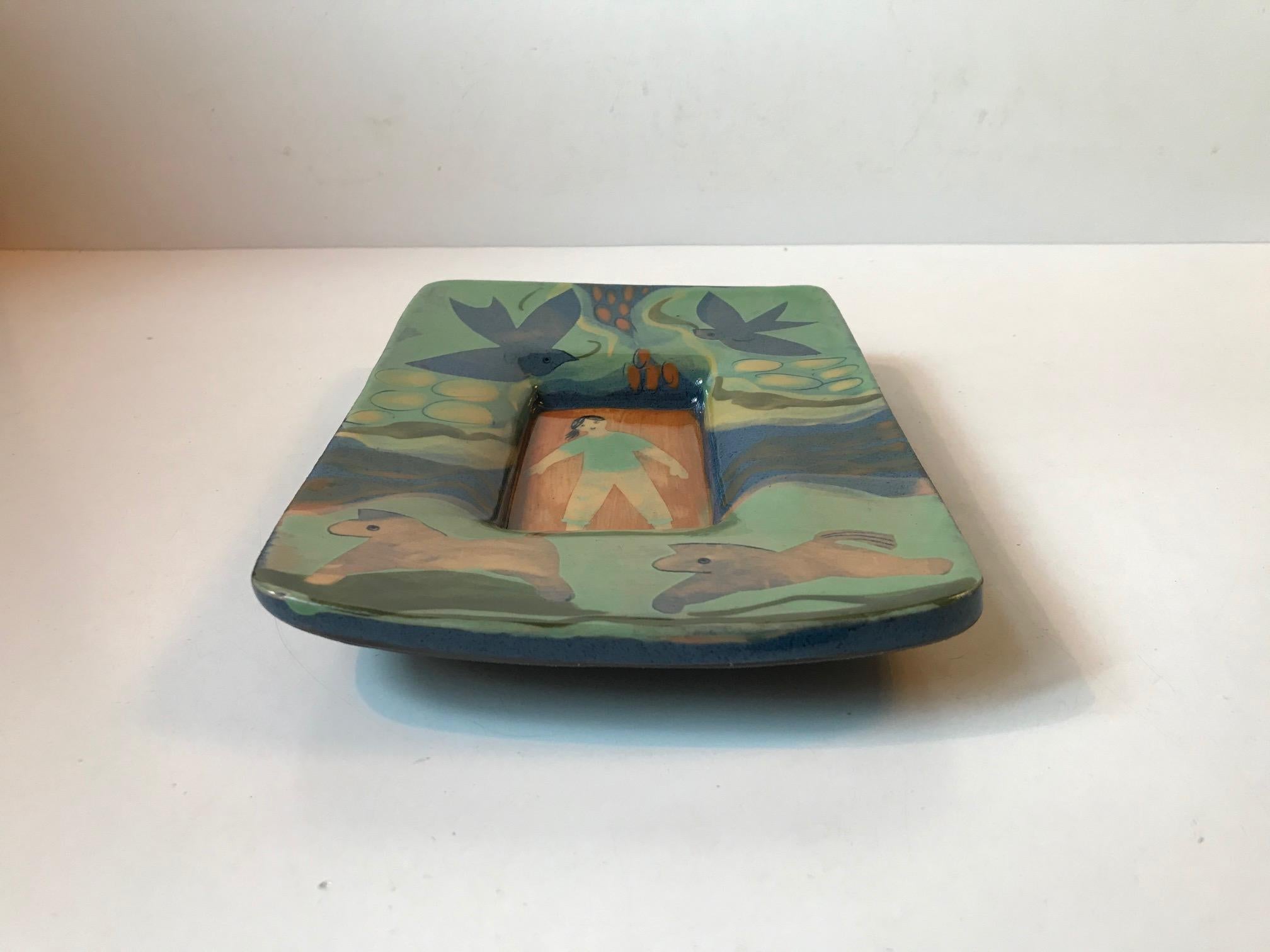 Mid-20th Century Scandinavian 'Naive Dreamscape' Pottery Dish or Wall Plaque, 1960s For Sale