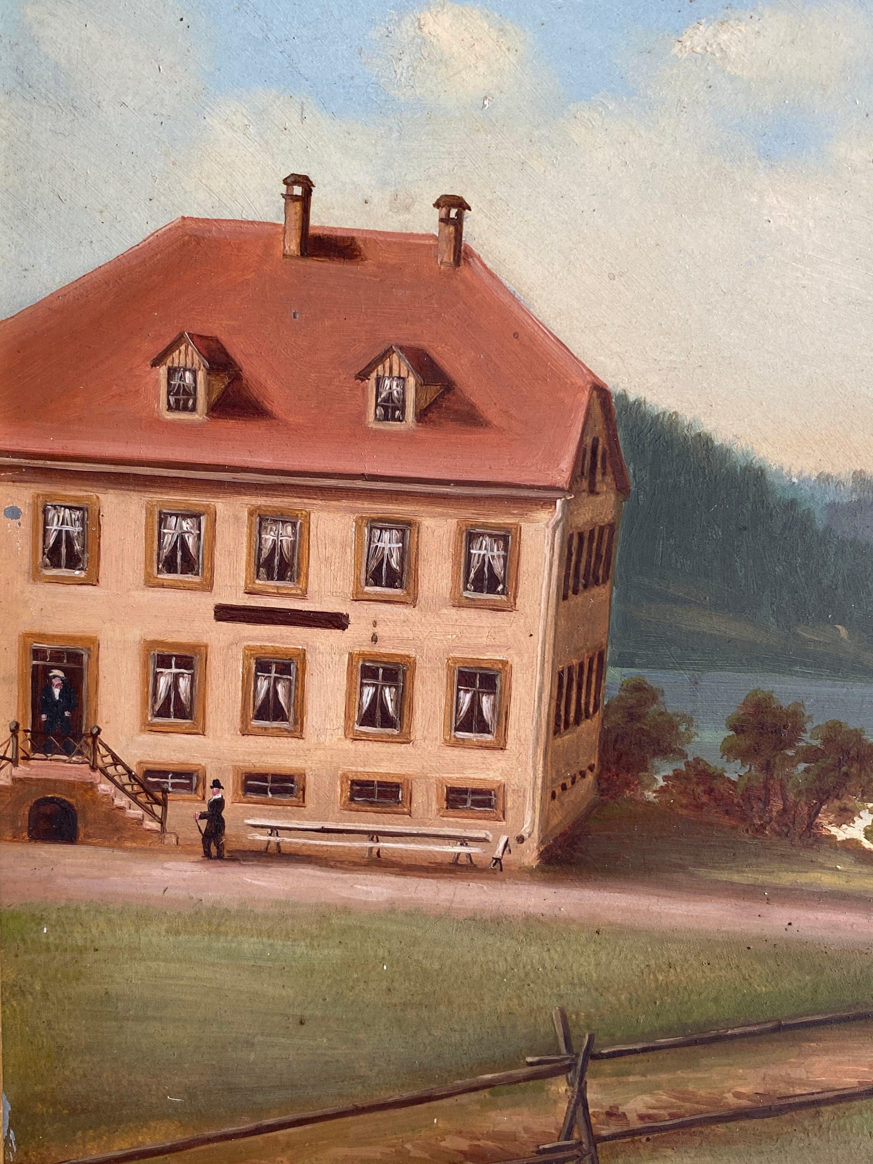 A Scandinavian naive oil painting on tin depicting a house by the water and figures in the foreground. Signed but artist not known, in very good condition, originating Sweden, dated 1889.
 