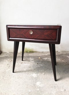 Scandinavian Nightstand in Mahogany Wood & Clear Glass on Top with drawer, 1950