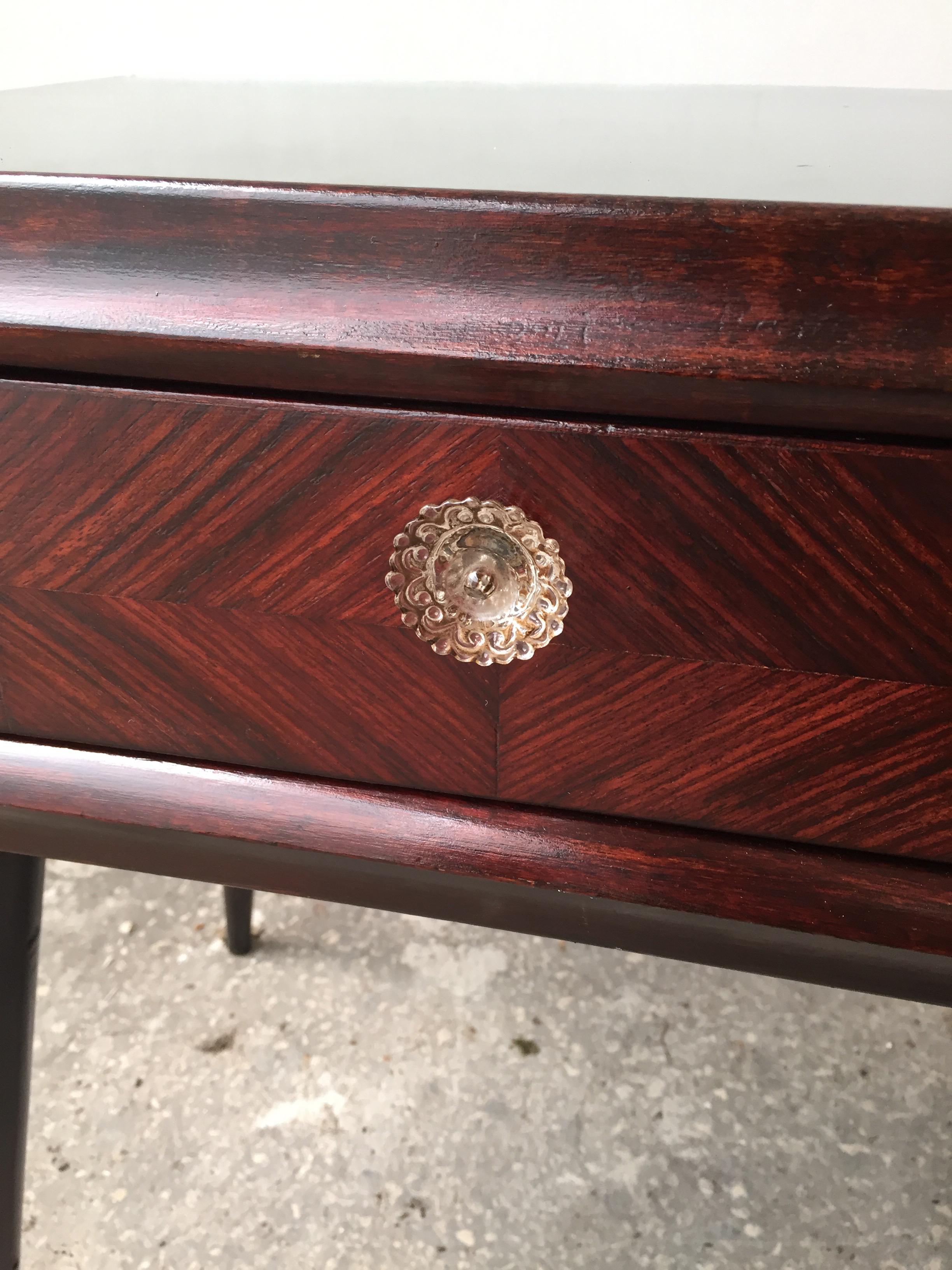Danish Scandinavian Nightstand in Mahogany Wood & Clear Glass on Top with drawer, 1950 For Sale