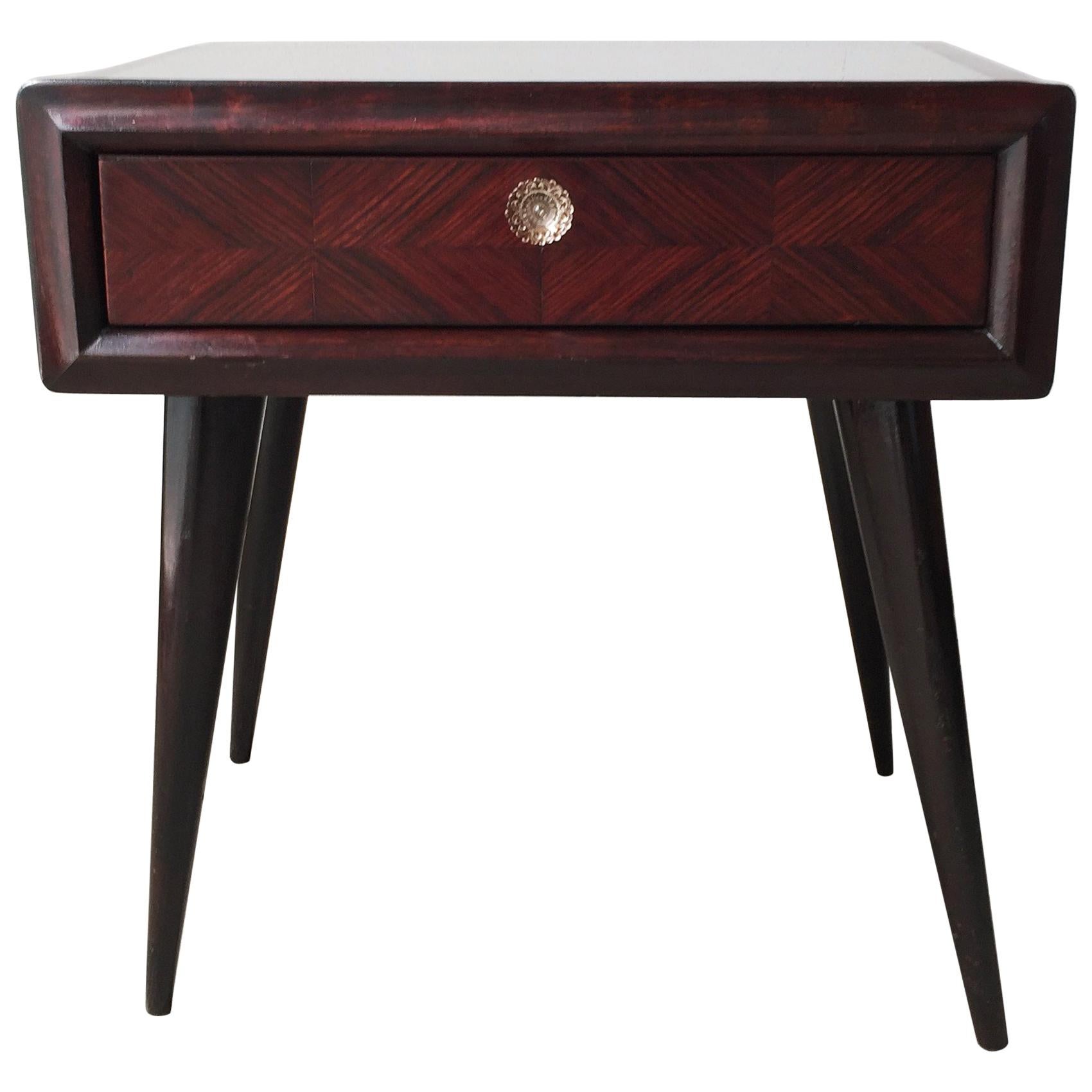 Scandinavian Nightstand in Mahogany Wood & Clear Glass on Top with drawer, 1950 For Sale