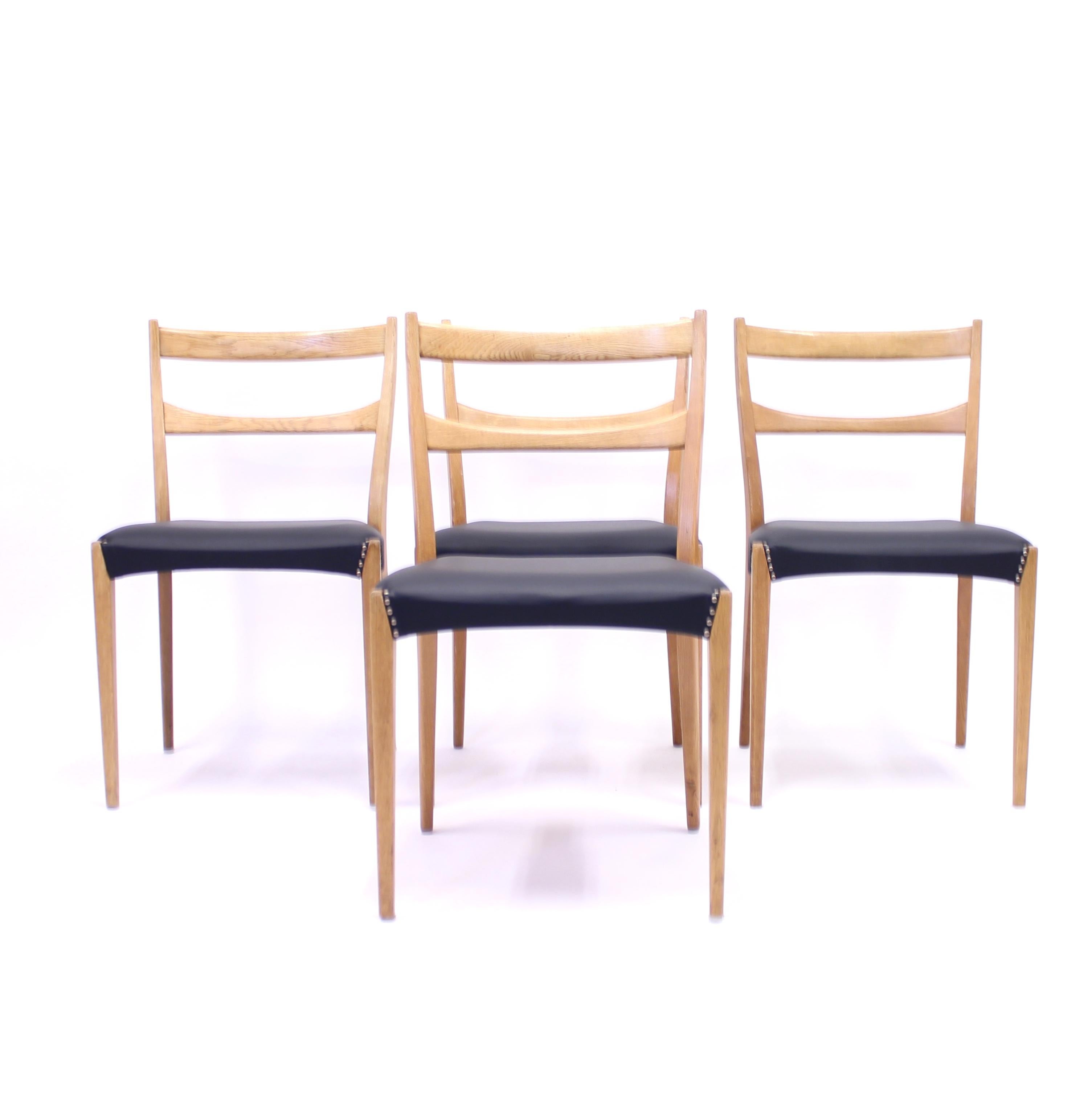 Swedish Scandinavian Oak Dining Chairs with Black Leather Seats, 1950s For Sale