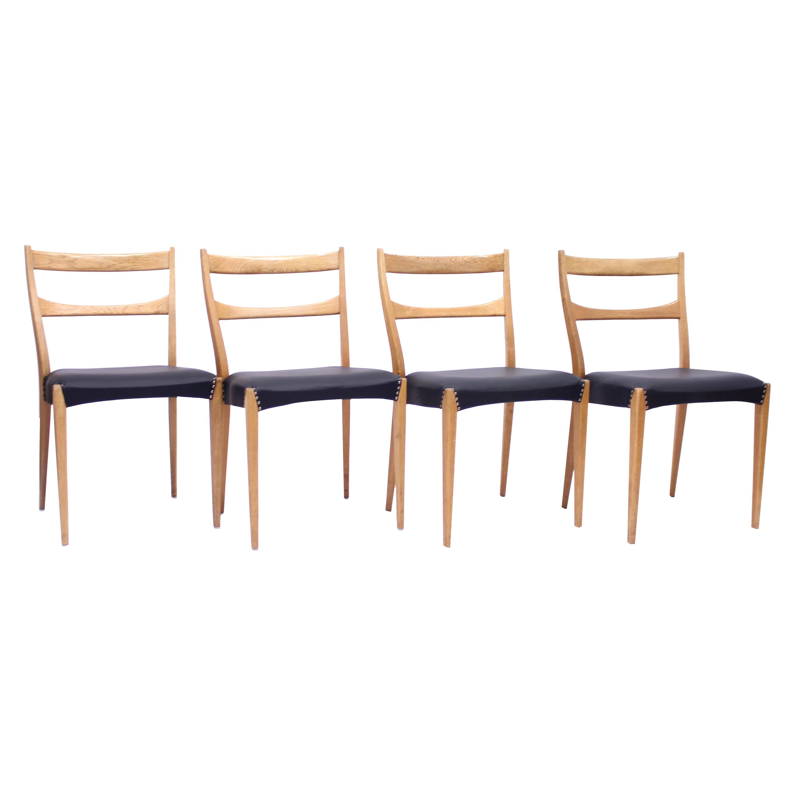 Scandinavian Oak Dining Chairs with Black Leather Seats, 1950s