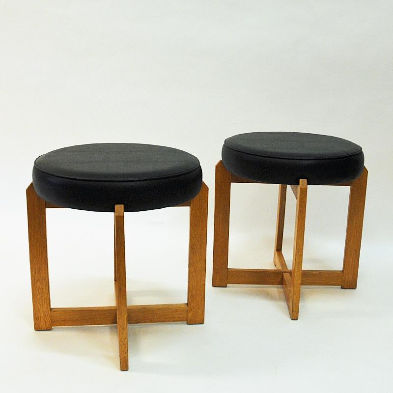 Scandinavian Modern Scandinavian Oak Taburette Pair with Black Leatherette Seats, 1960s