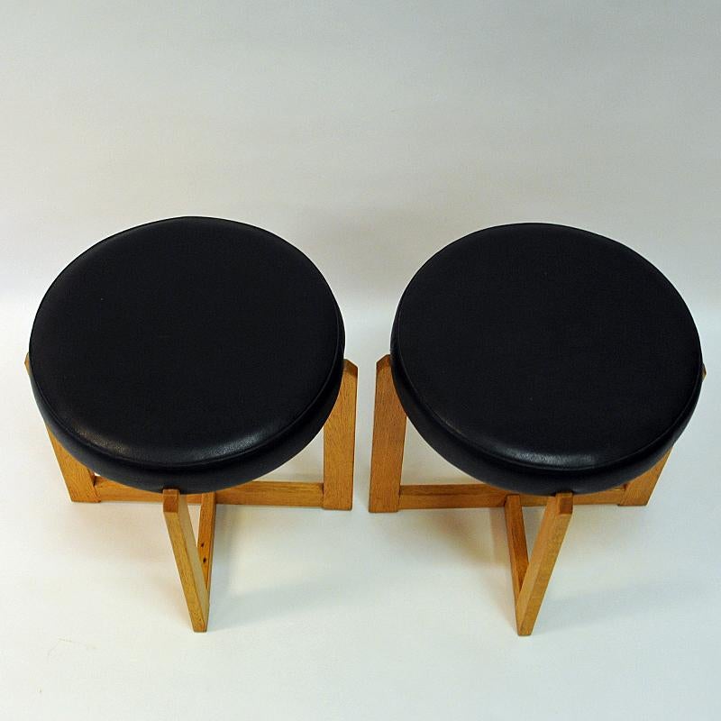 Blackened Scandinavian Oak Taburette Pair with Black Leatherette Seats, 1960s