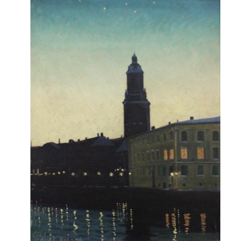 Scandinavian Office Organization Limited Landscape Painting – Göteborg bei Nacht