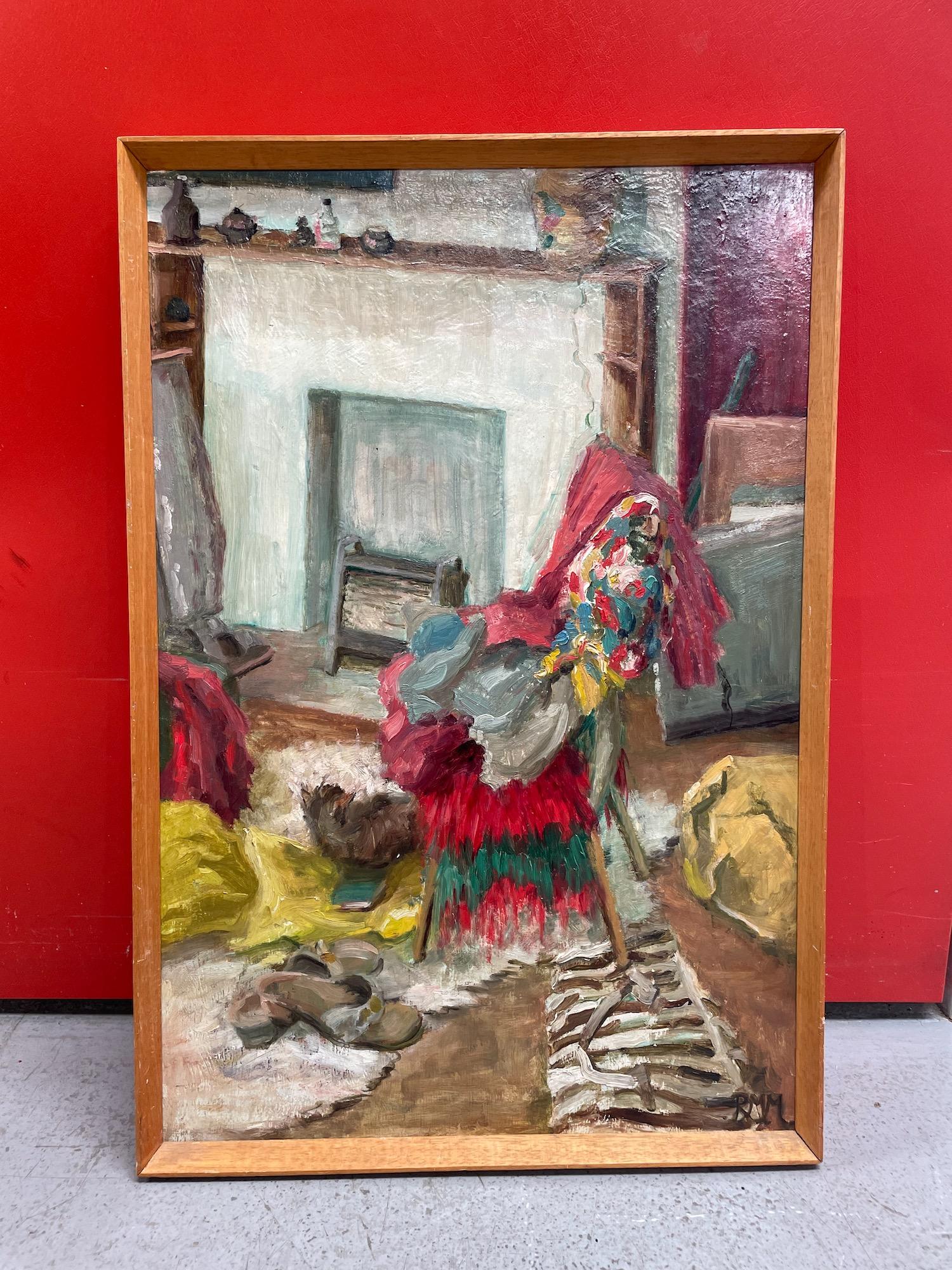 20ième siècle Huile scandinave sur panneau représentant un intérieur, milieu du siècle, signée RMM en vente
