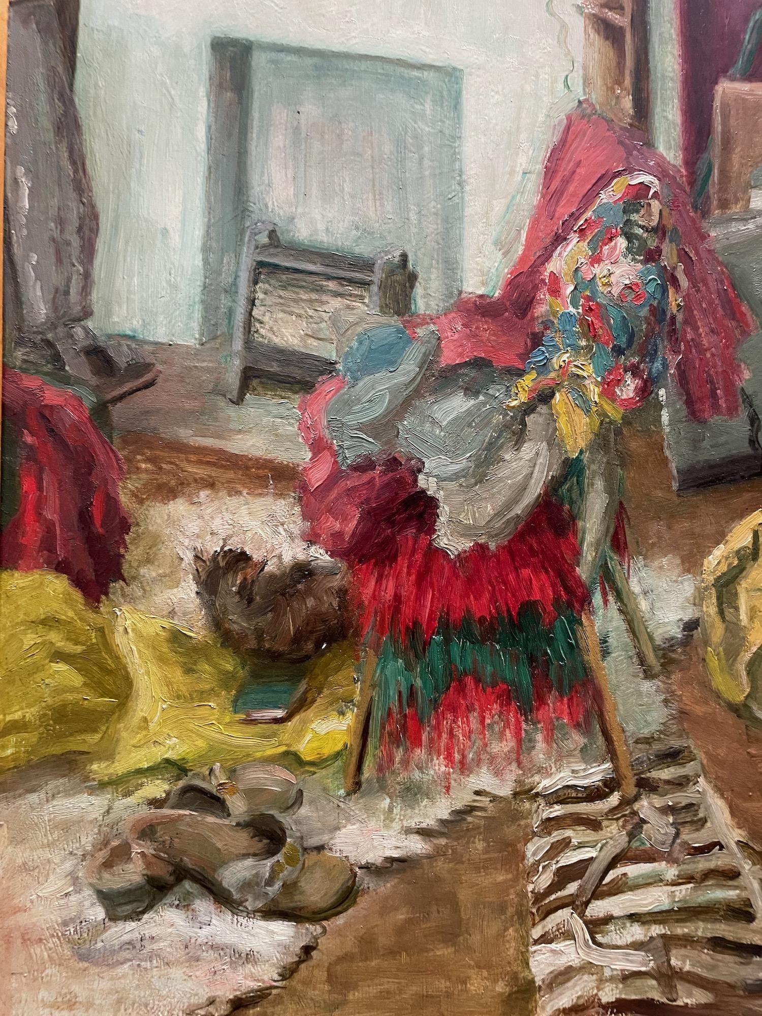 Peinture Huile scandinave sur panneau représentant un intérieur, milieu du siècle, signée RMM en vente