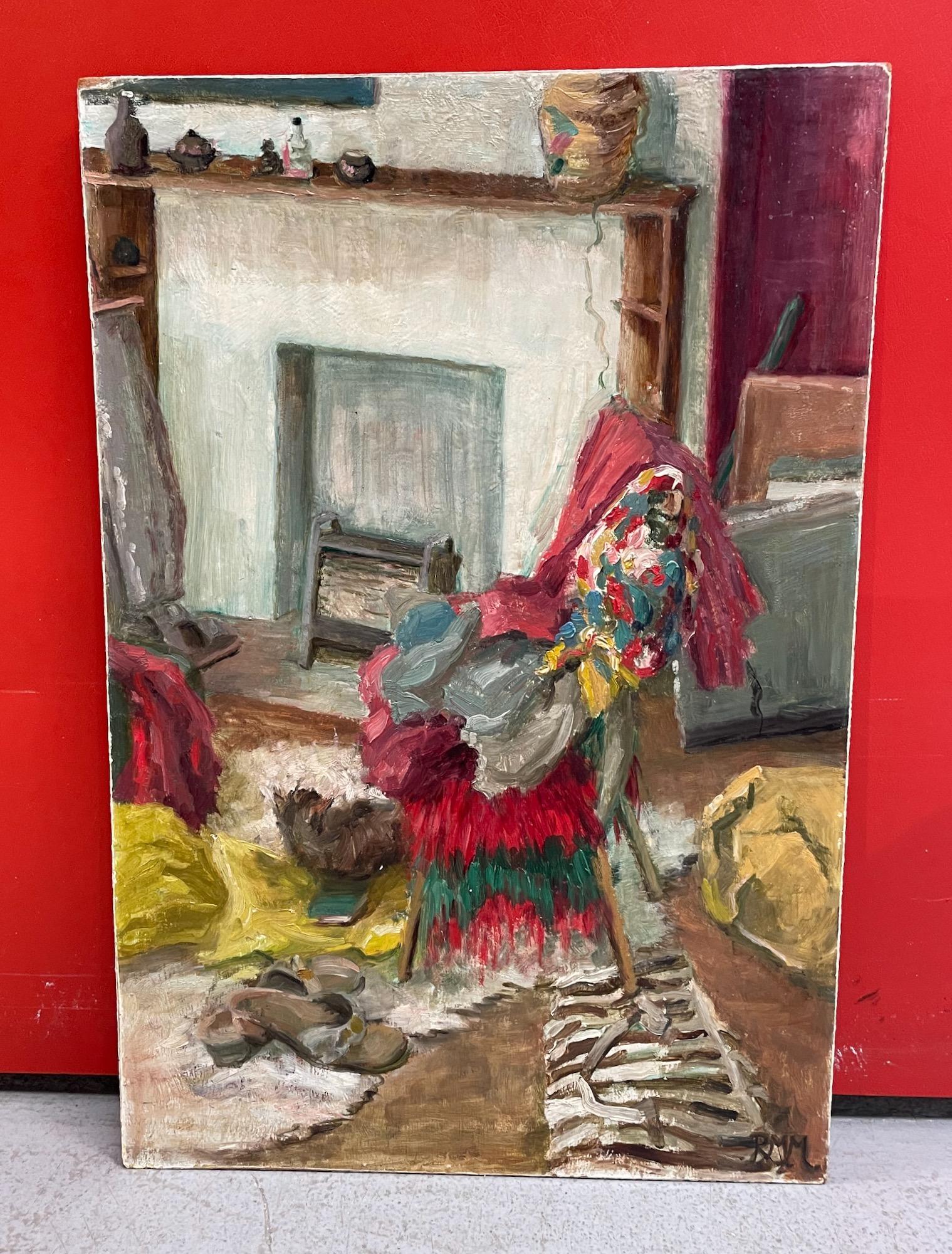 Huile scandinave sur panneau représentant un intérieur, milieu du siècle, signée RMM en vente 1