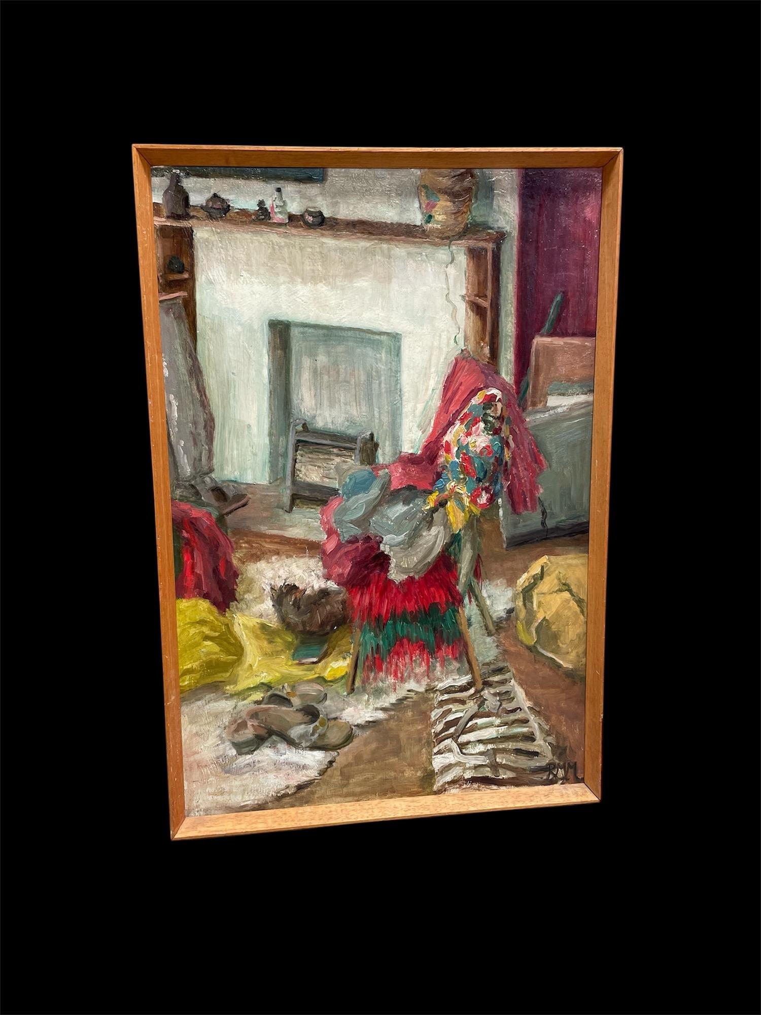 Huile scandinave sur panneau représentant un intérieur, milieu du siècle, signée RMM en vente 2