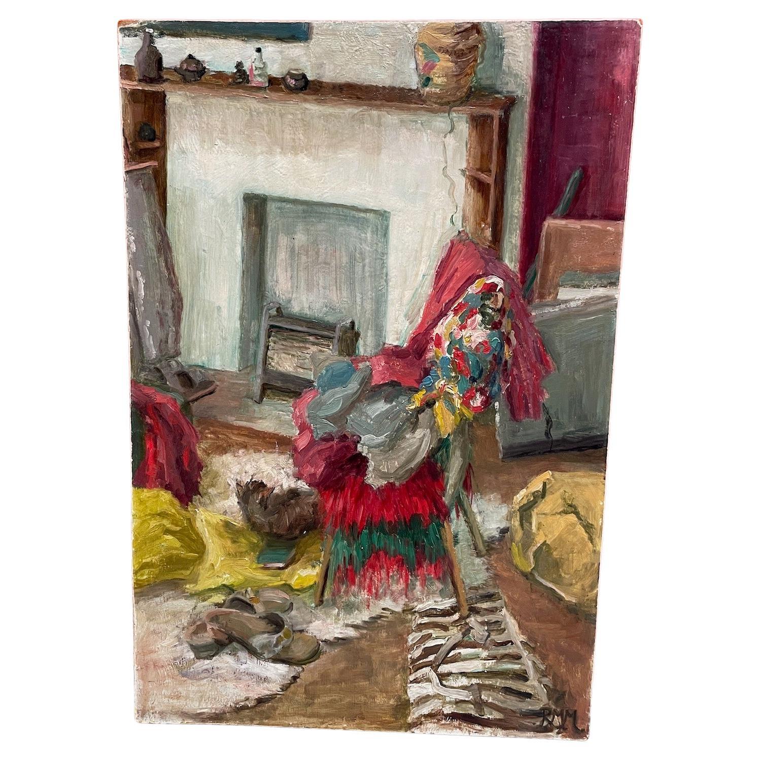 Olio scandinavo su tavola di un interno, metà secolo, firmato RMM