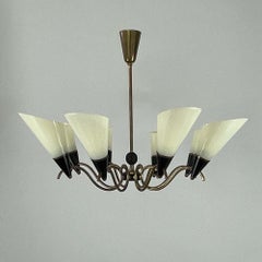 Scandinavian Opaline Glass & Brass 8-Light Chandelier, Finland 1950s