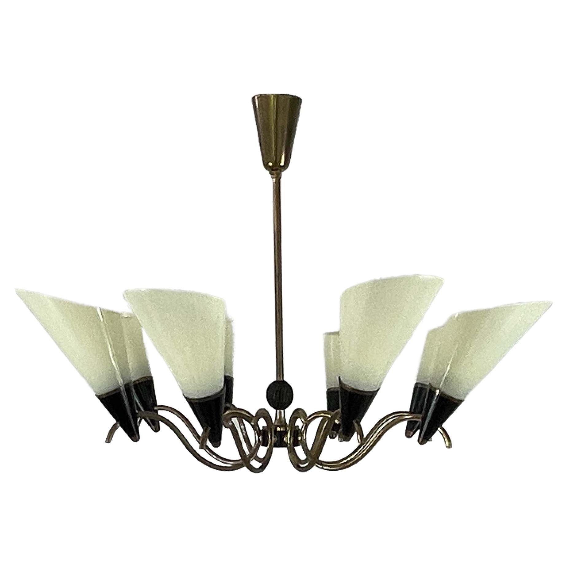 Scandinavian Opaline Glass & Brass 8-Light Chandelier, Finland 1950s