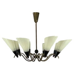 Scandinavian Opaline Glass & Brass 8-Light Chandelier, Finland 1950s