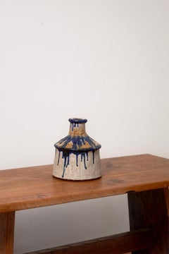 Scandinavian Organic ceramic Vase Made withBlue and White Drip Glazed