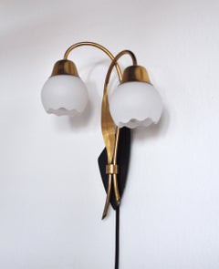 Scandinavian Organic Two Armed Wall Light, Brass and Opaline, 1940-50s