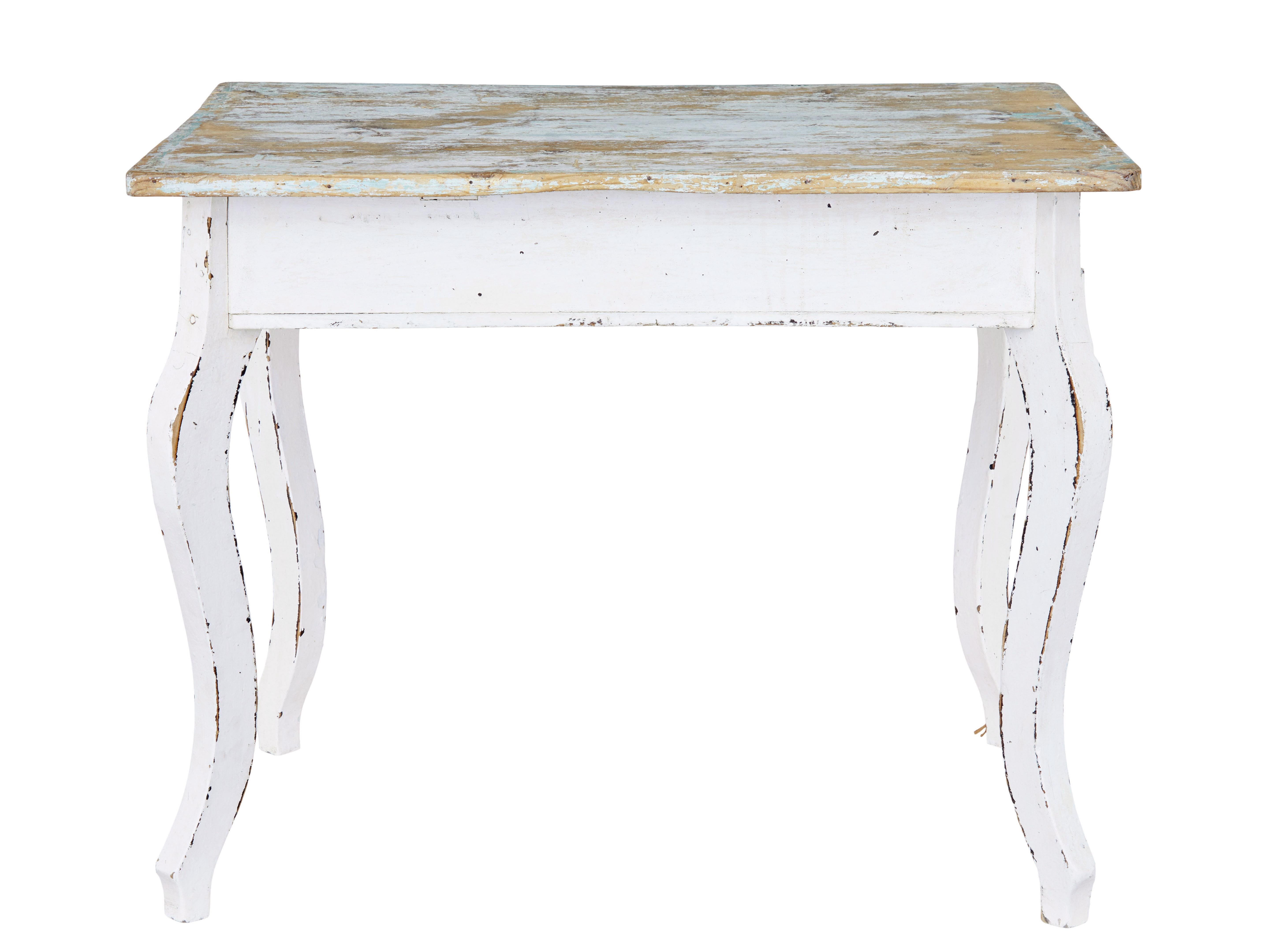 Scandinavian painted pine occasional table circa 1890.

Functional table which could serve many purposes around the home, such as a hall/side table or even as a small kitchen table with it's knee clearance of 24 1/2