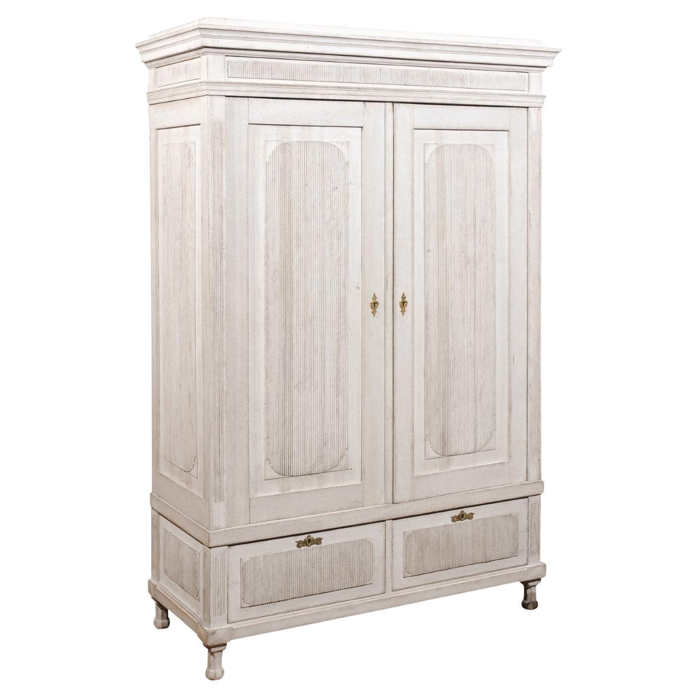 Scandinavian Painted Wood Wardrobe with Doors, Drawers and Carved Reeded Motifs