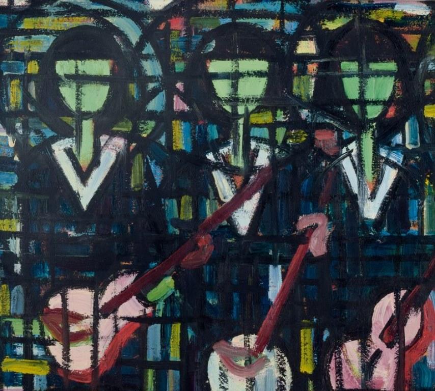 Modern Scandinavian painter. Musicians. Oil on panel. In modernist style. 1970s. For Sale