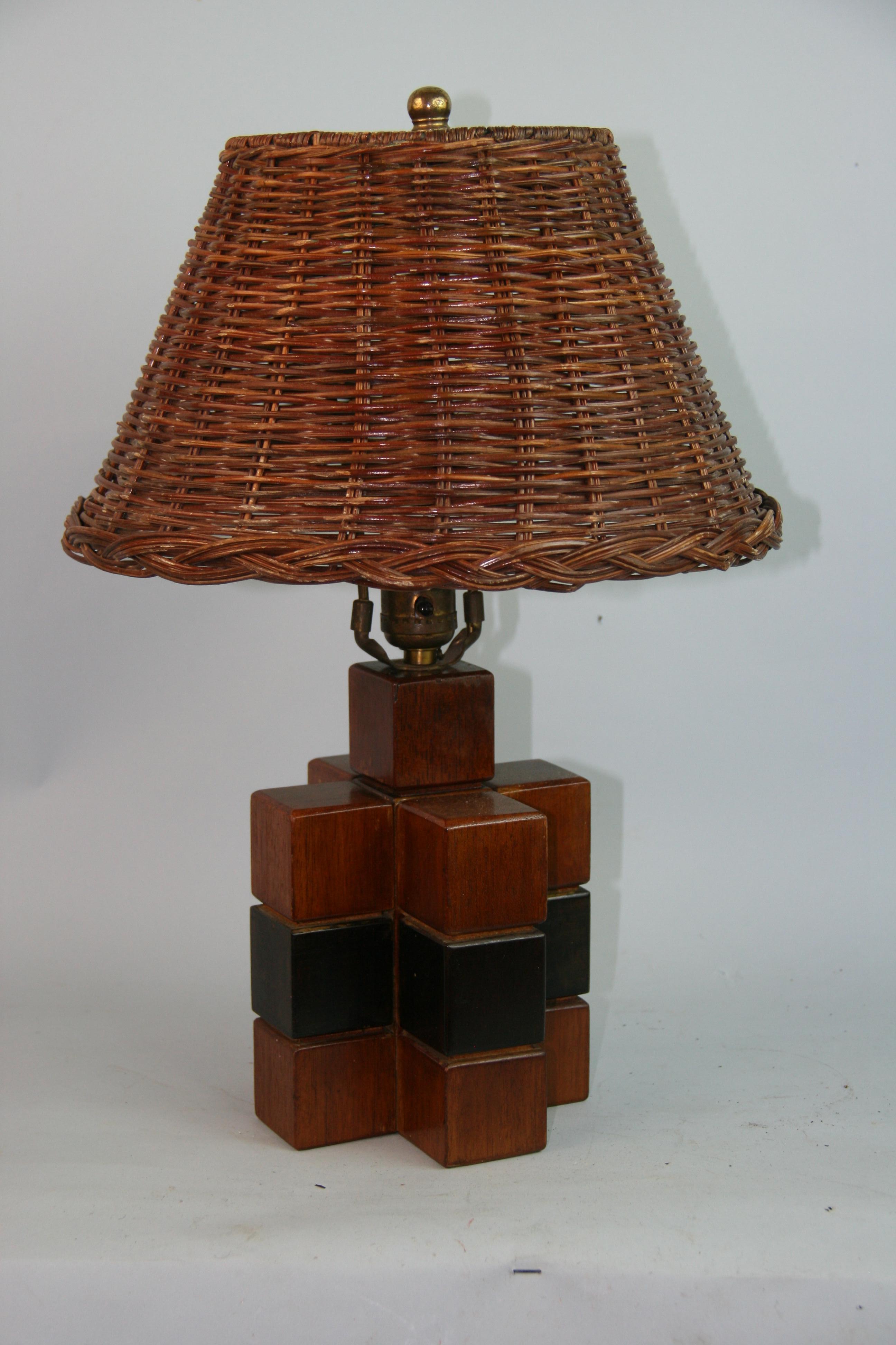 1375 Pair hand crafted Scandinavian two tone wood lamps with wicker shades
Measures: 17' tall to top of shade
shade 12