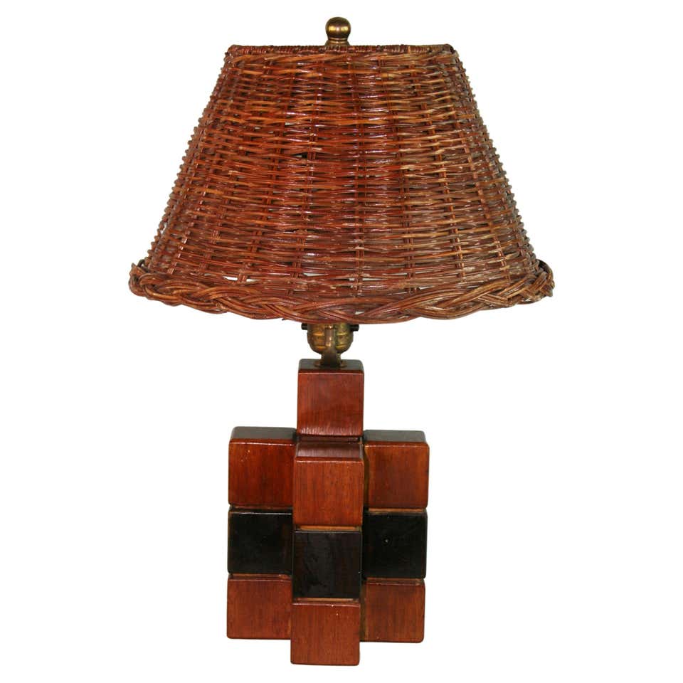 Pair of Restored Paul Frankl Rattan Table Lamp with Original Wicker ...