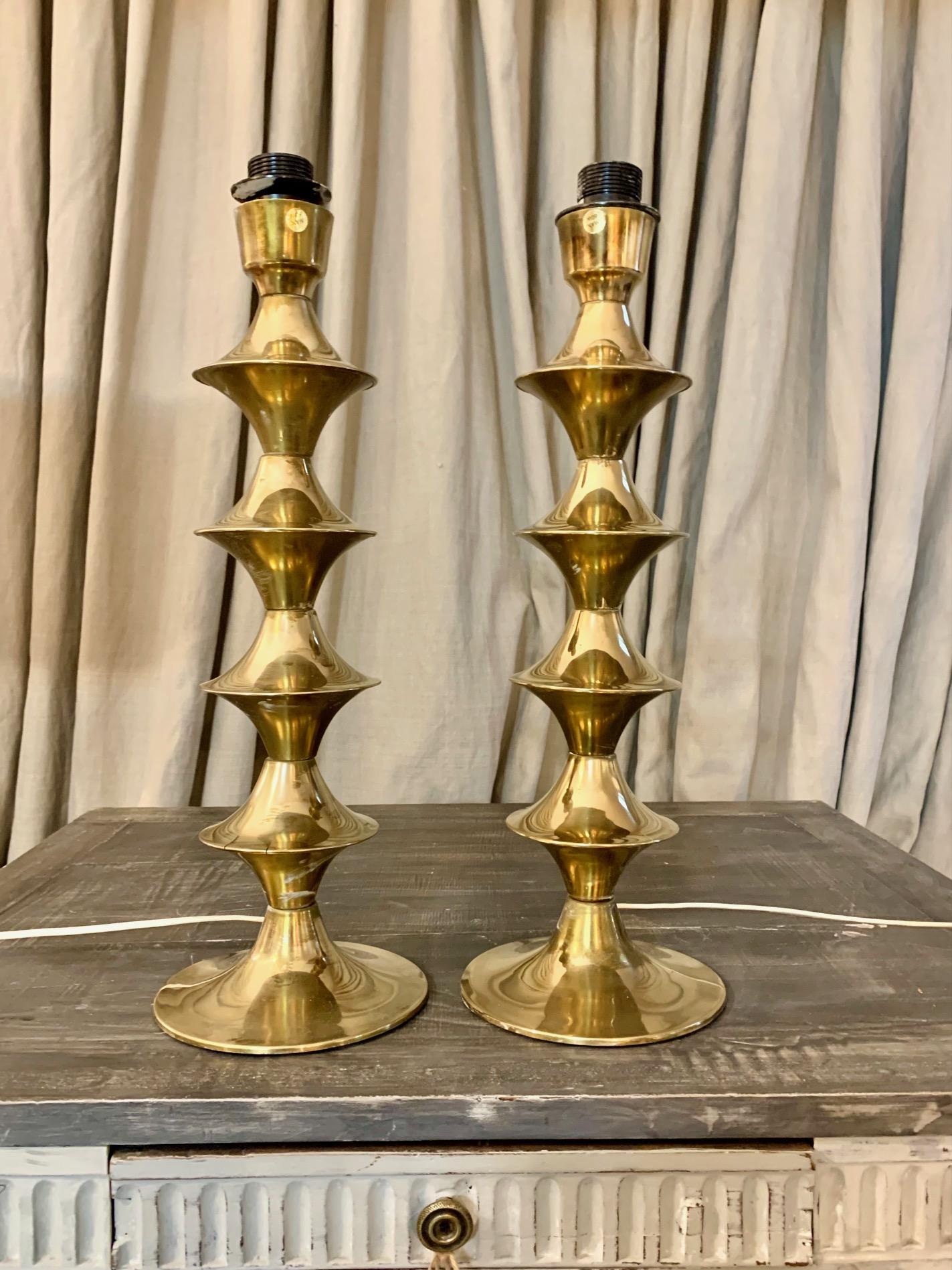 Scandinavian Pair Modern Vintage Brass Table Lamps For Sale 9