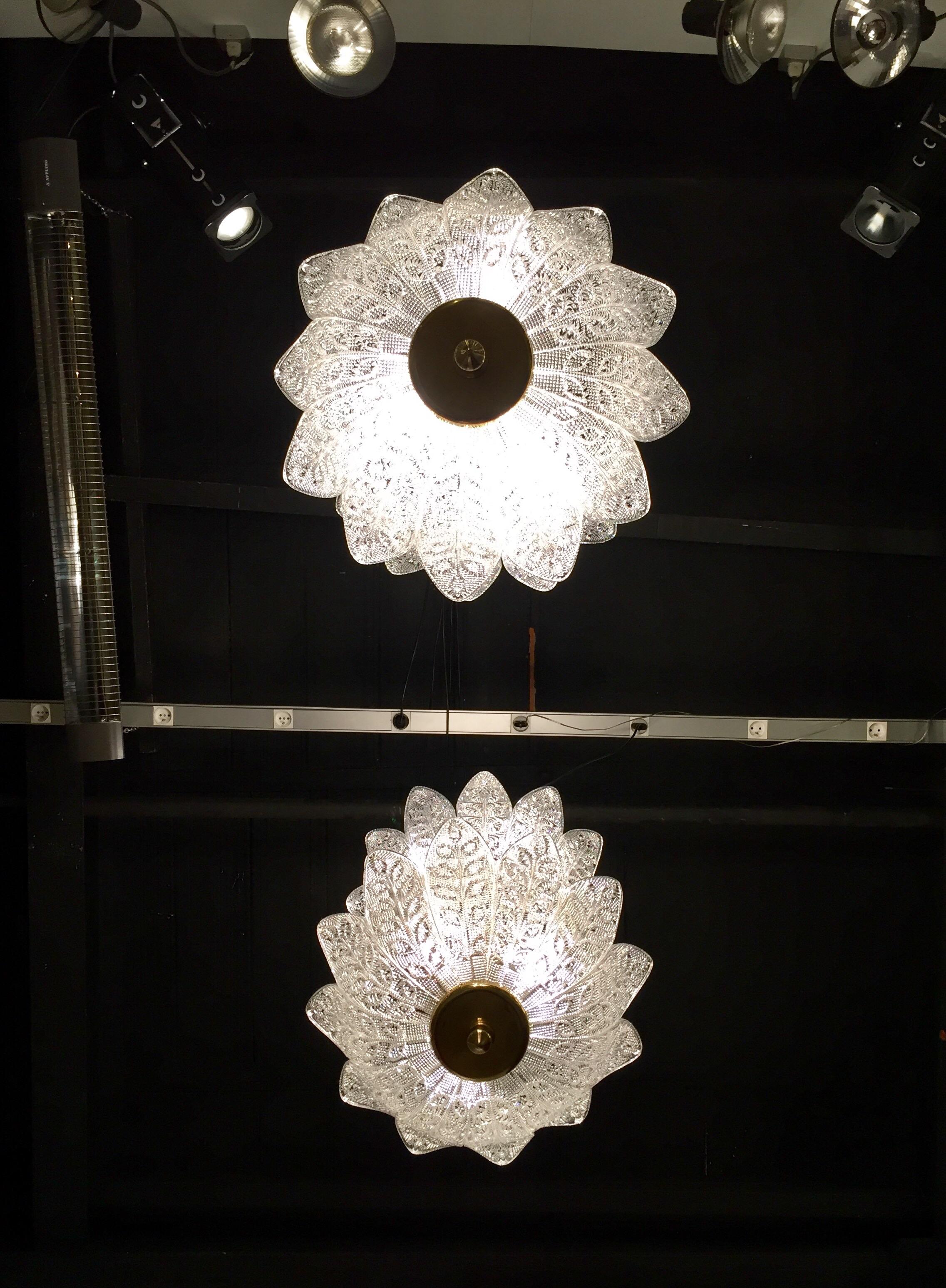 Scandinavian Pair of Chandeliers Crystal and Brass Flower Decor, circa 1940-1950 For Sale 3