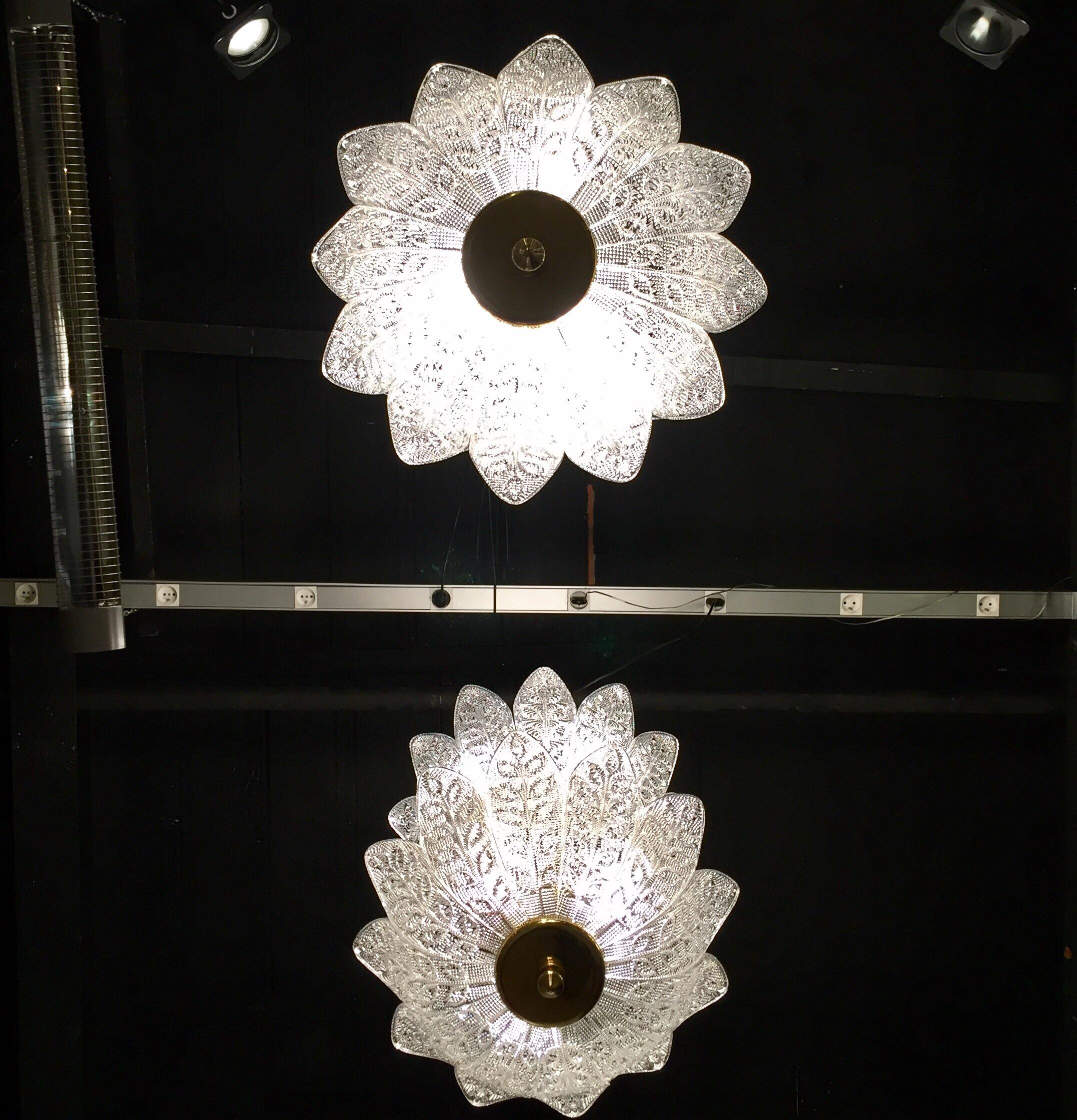 Scandinavian Pair of Chandeliers Crystal and Brass Flower Decor, circa 1940-1950 For Sale 6