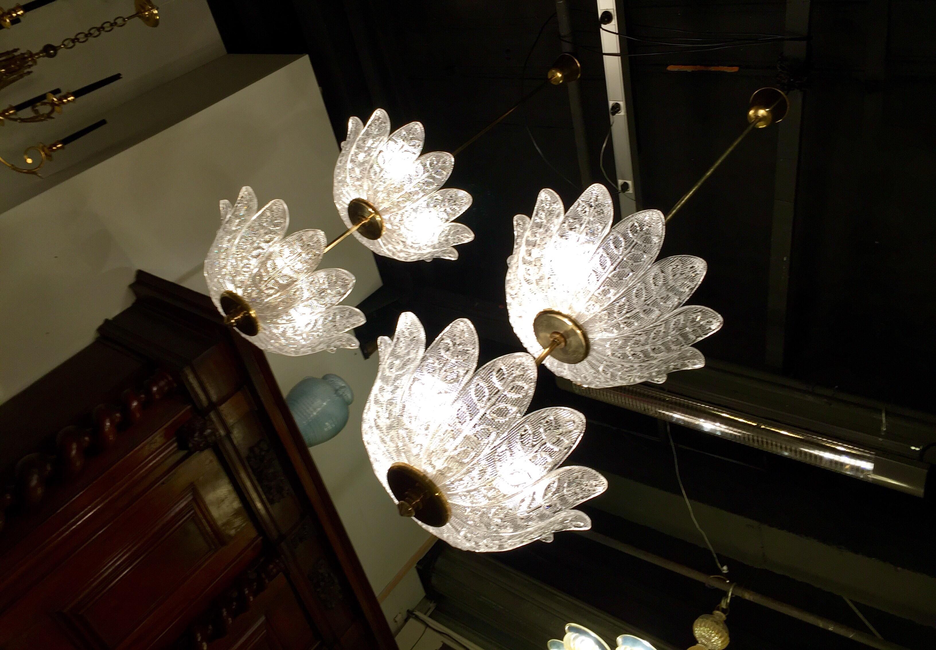 Swedish Scandinavian Pair of Chandeliers Crystal and Brass Flower Decor, circa 1940-1950 For Sale