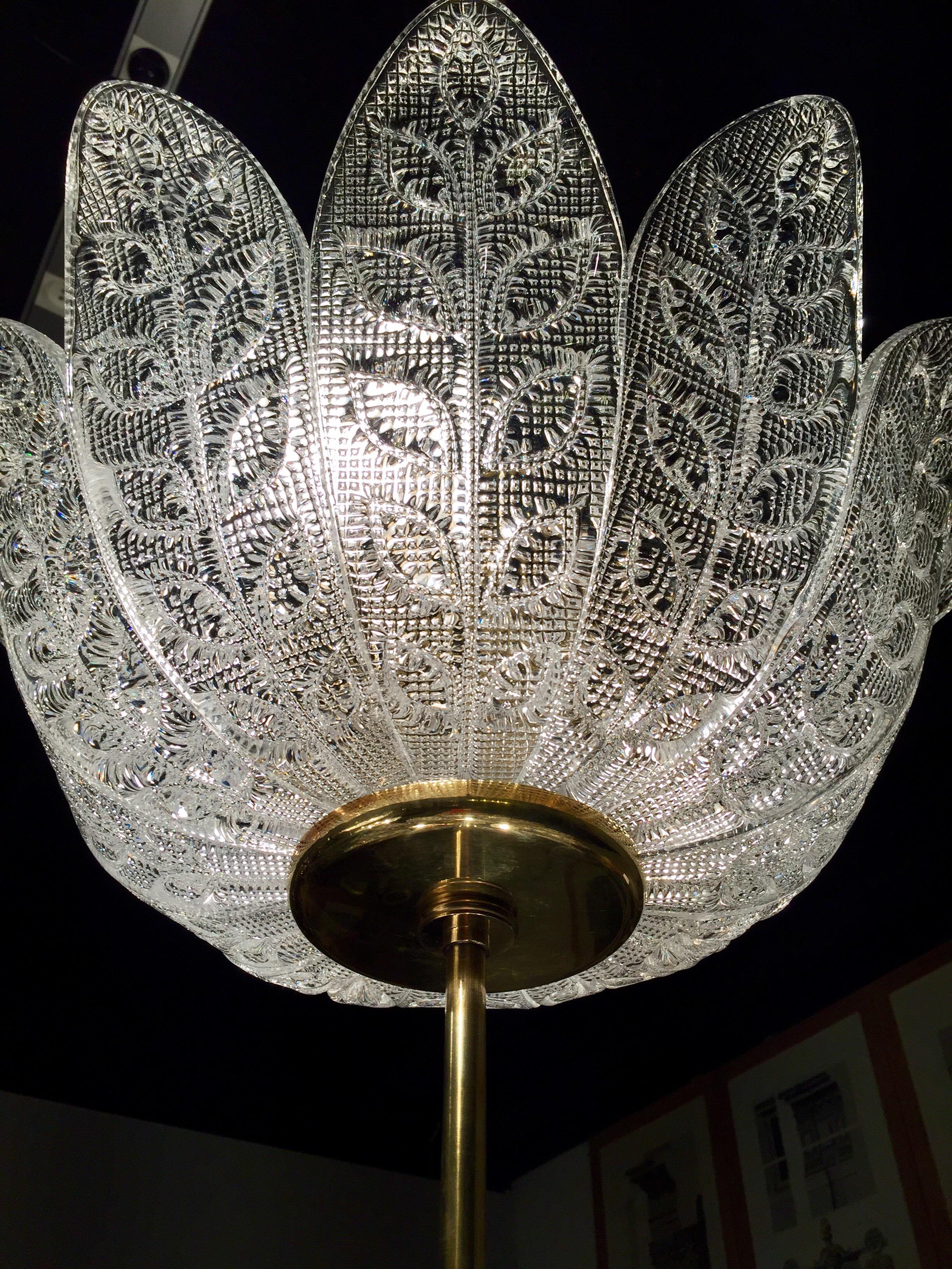 Scandinavian Pair of Chandeliers Crystal and Brass Flower Decor, circa 1940-1950 In Good Condition For Sale In Paris, FR