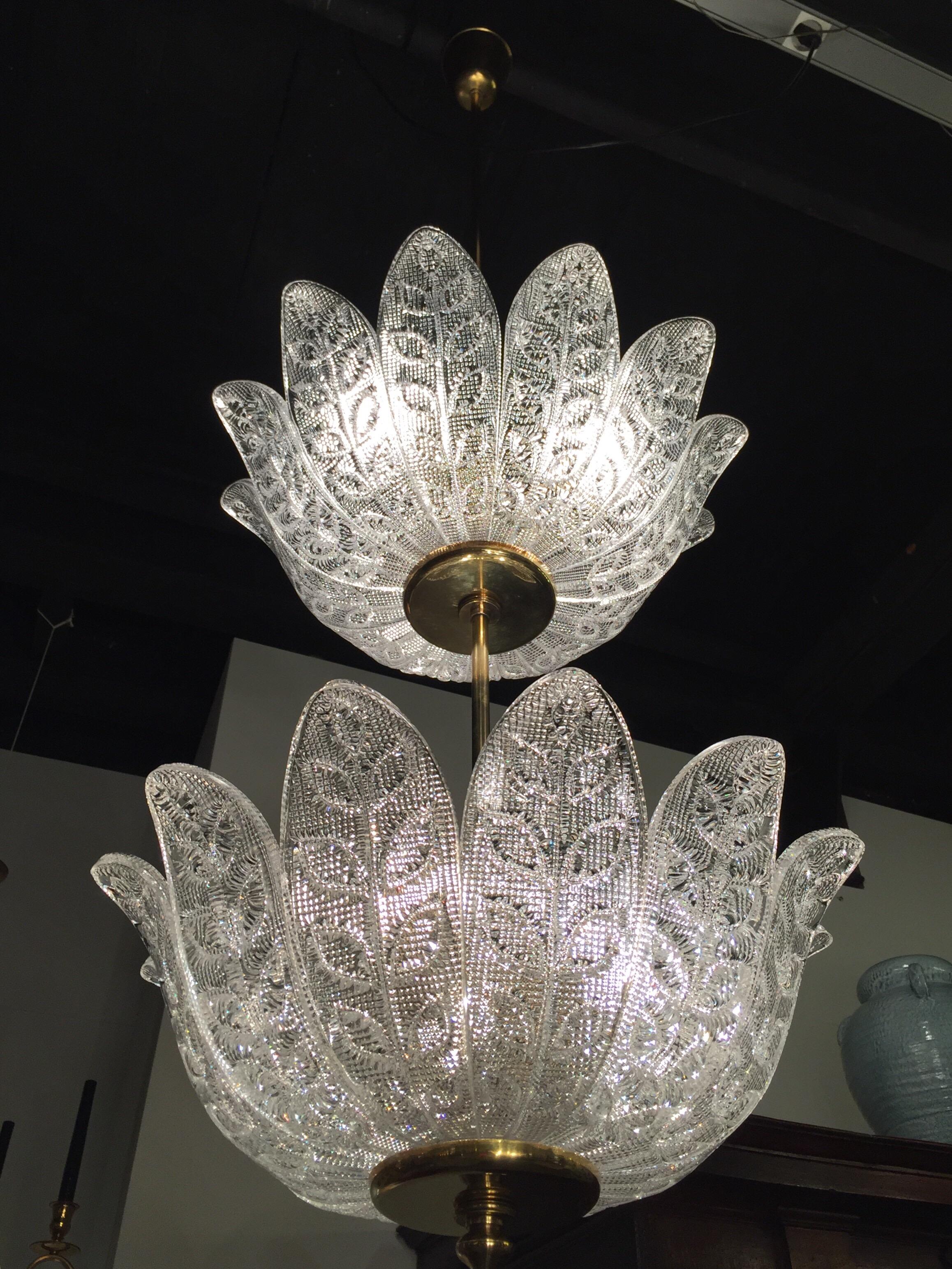 20th Century Scandinavian Pair of Chandeliers Crystal and Brass Flower Decor, circa 1940-1950 For Sale