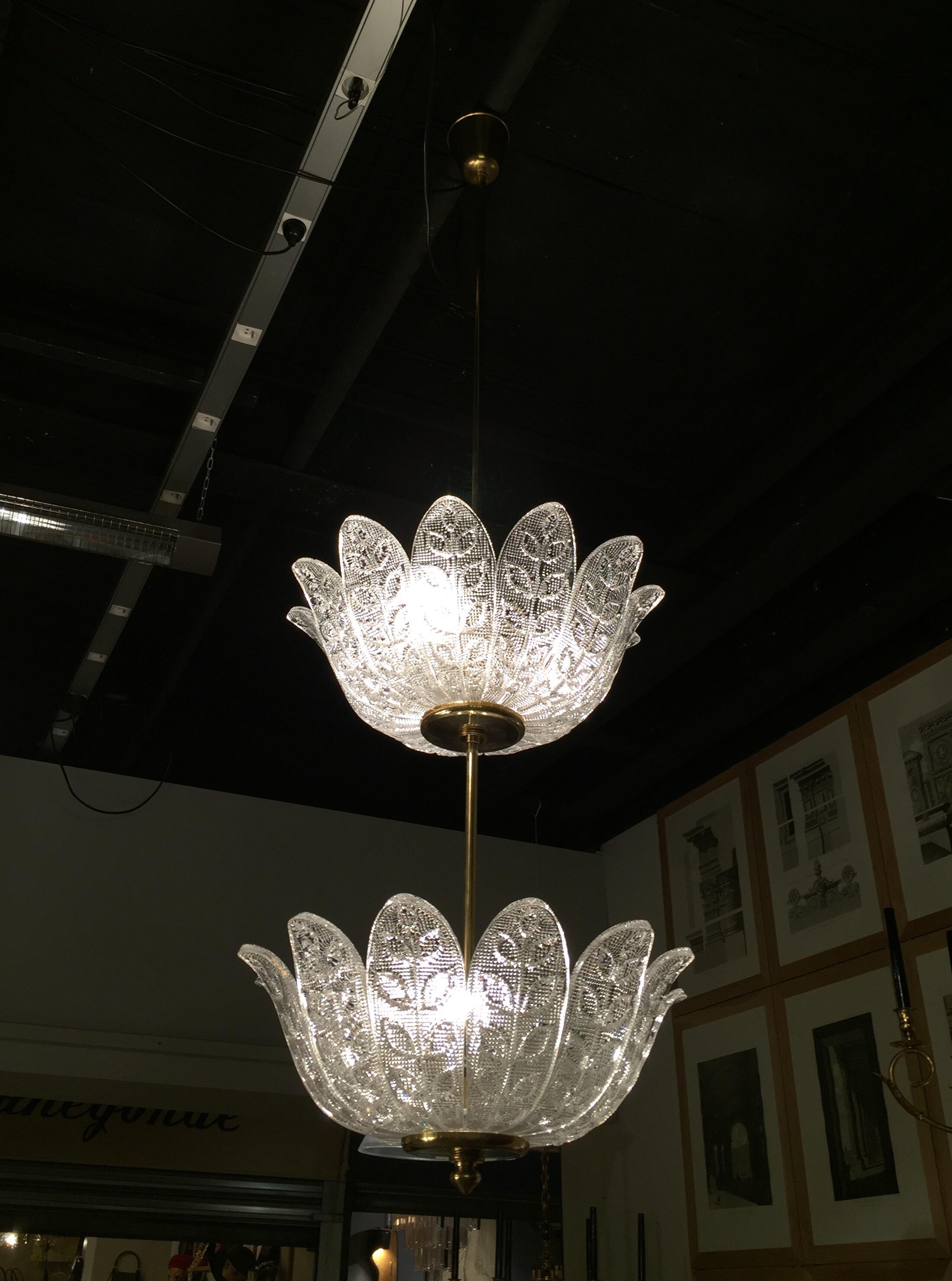 Scandinavian Pair of Chandeliers Crystal and Brass Flower Decor, circa 1940-1950 For Sale 1