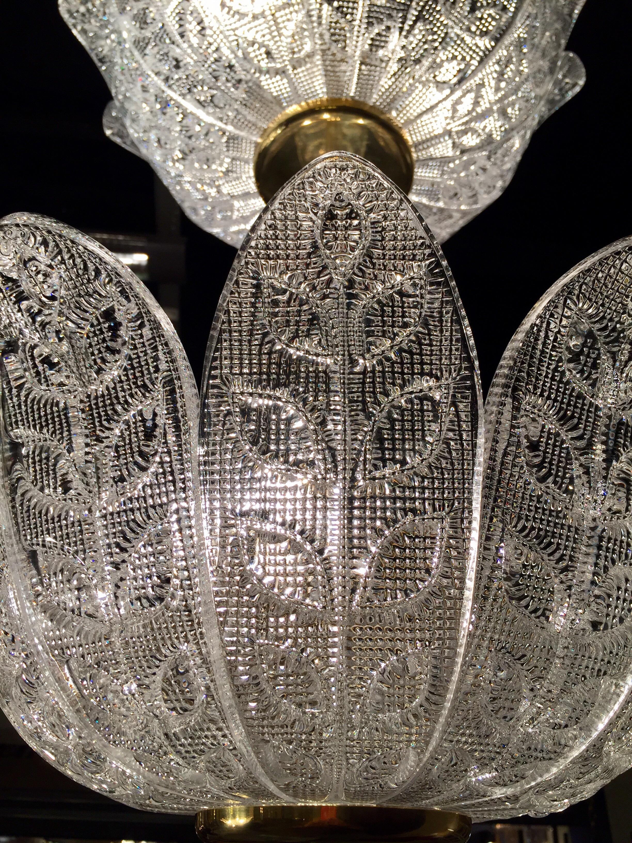 Scandinavian Pair of Chandeliers Crystal and Brass Flower Decor, circa 1940-1950 For Sale 2