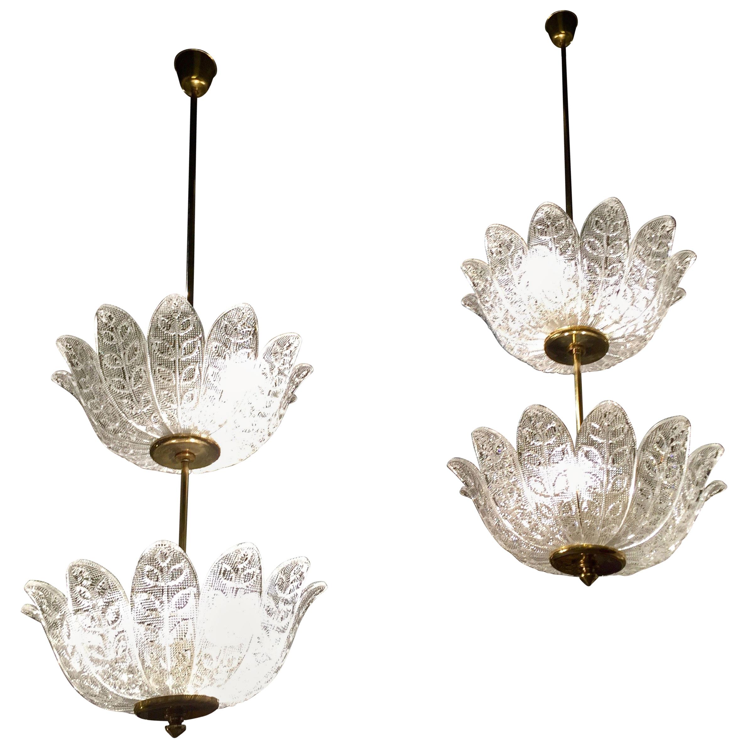Scandinavian Pair of Chandeliers Crystal and Brass Flower Decor, circa 1940-1950 For Sale