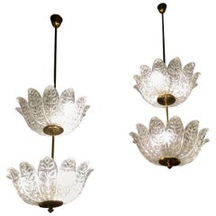 Scandinavian Pair of Chandeliers Crystal and Brass Flower Decor, circa 1940-1950