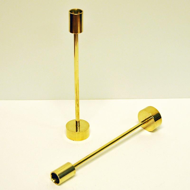 Polished Scandinavian Pair of Long Classic Brass Candlestick Holders, 1960s
