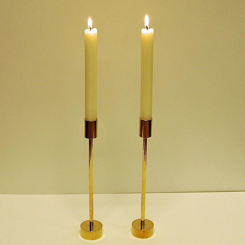 Mid-20th Century Scandinavian Pair of Long Classic Brass Candlestick Holders, 1960s