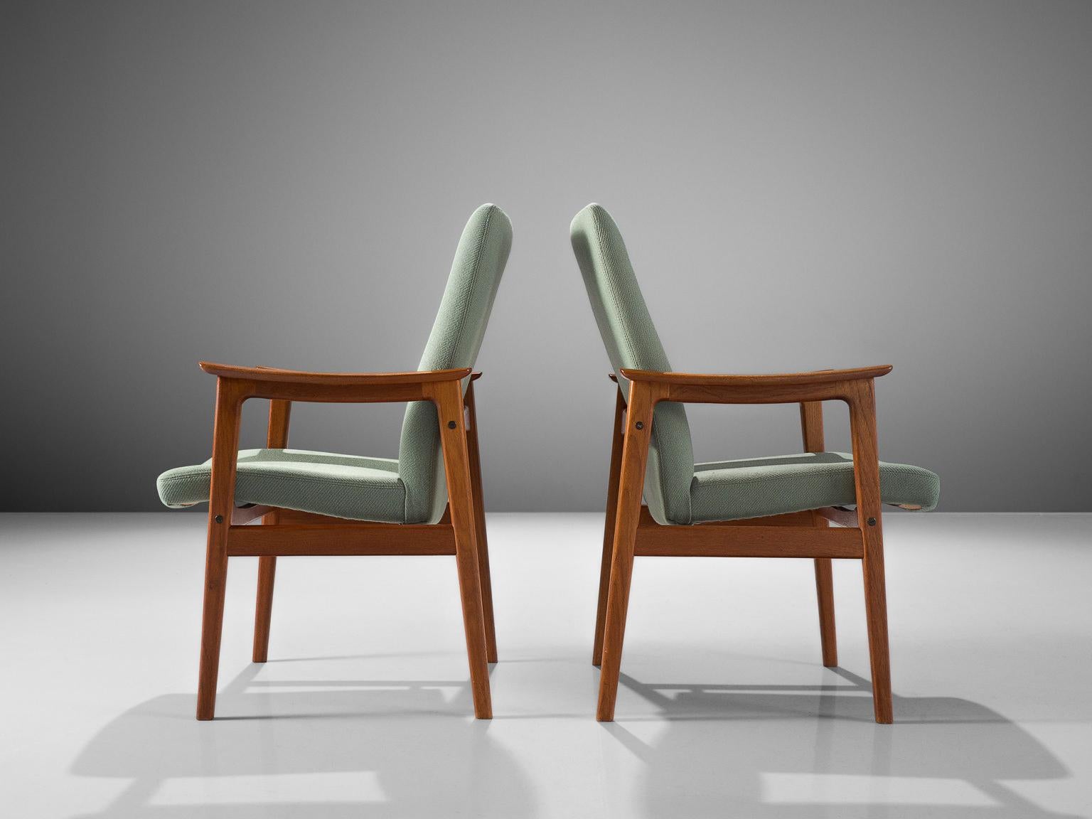 Scandinavian Pair of Lounge Chairs in Mint Green Upholstery and Teak In Good Condition For Sale In Waalwijk, NL